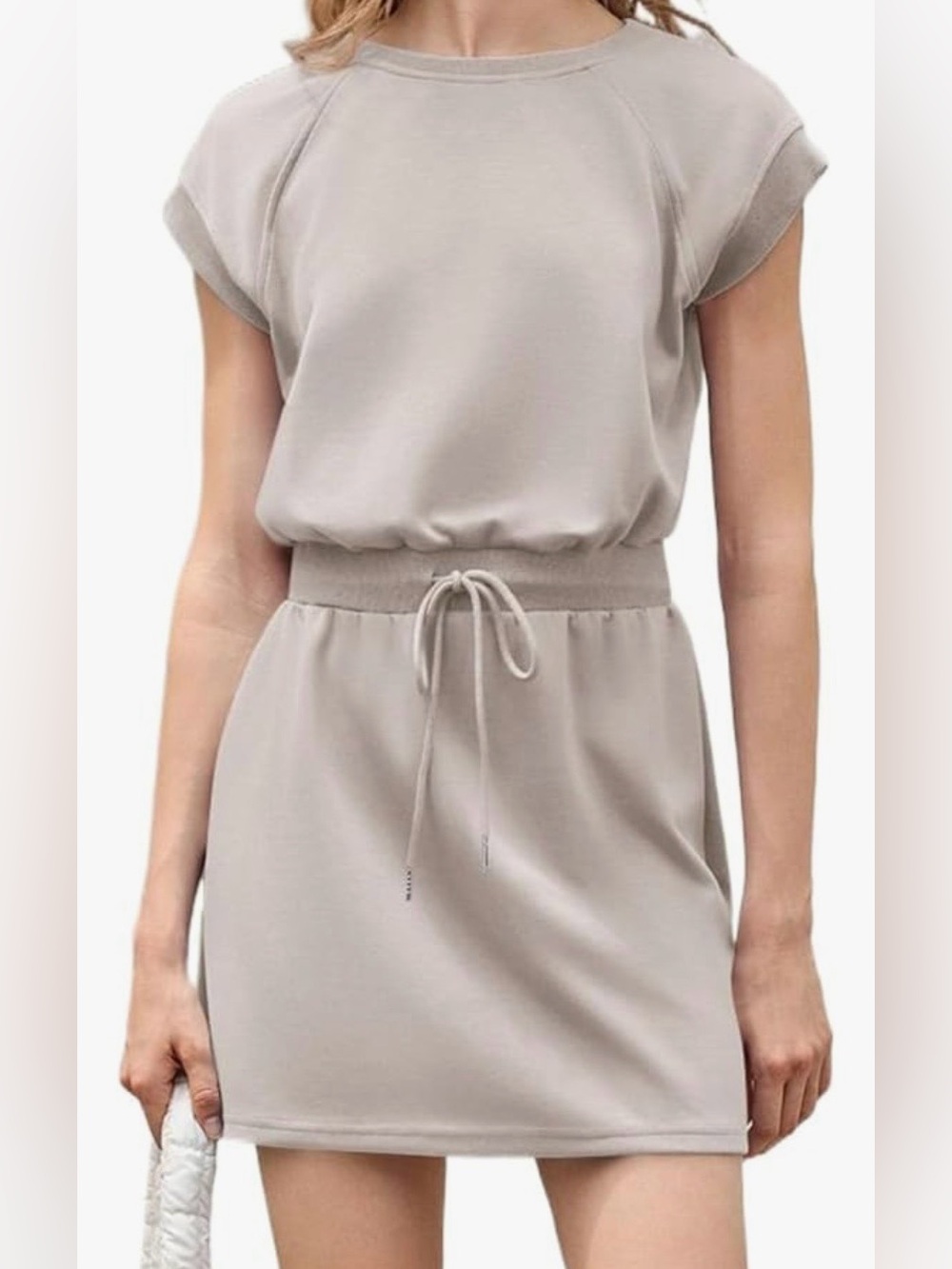 Casual Short Sleeve Drawstring Waist Dress - Taupe